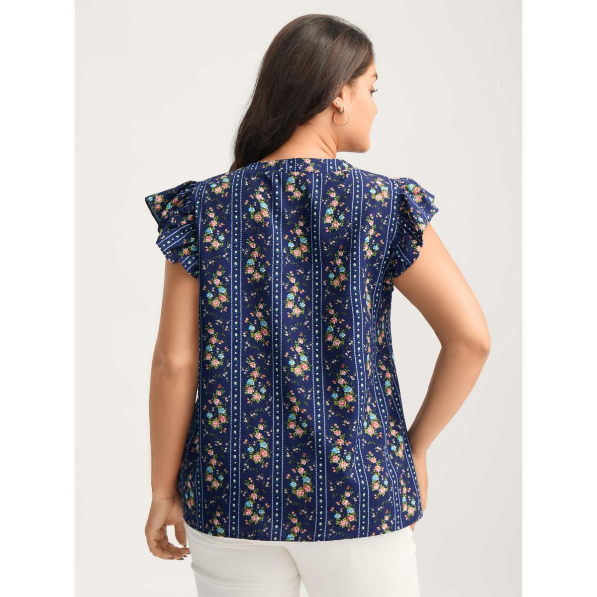 Plus Size DarkBlue Floral Stripes Flutter Sleeve Blouse Women Cap Sleeve Flat collar with V-notch Everyday-Elegant Blouses BloomChic 18-20/2X Product Image
