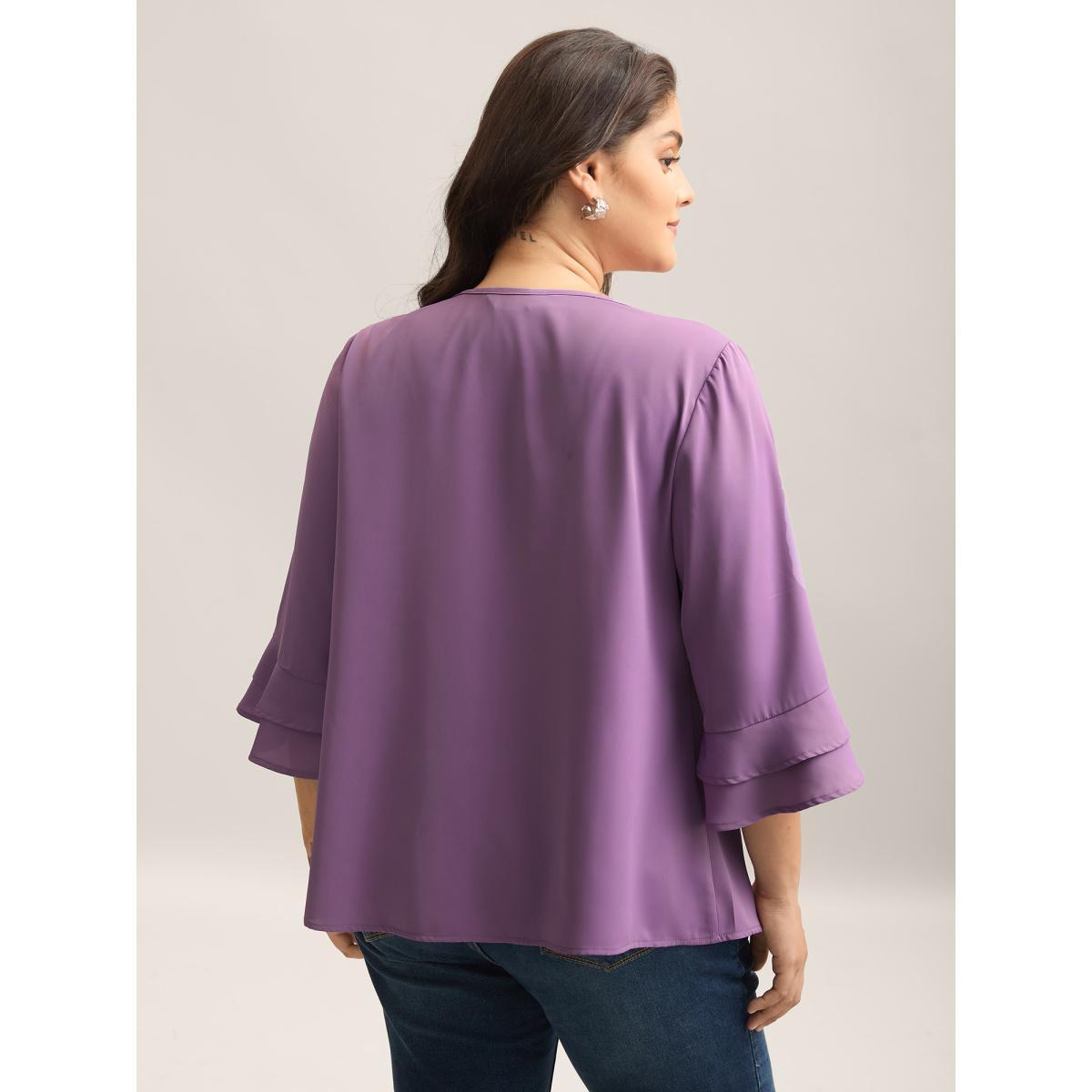 Plus Size Purple Solid Ribbon Tied Collar Bell Sleeve Blouse Women At the Office Elbow-length sleeve Ribbon-tied collar Work Blouses BloomChic 30/6X Product Image