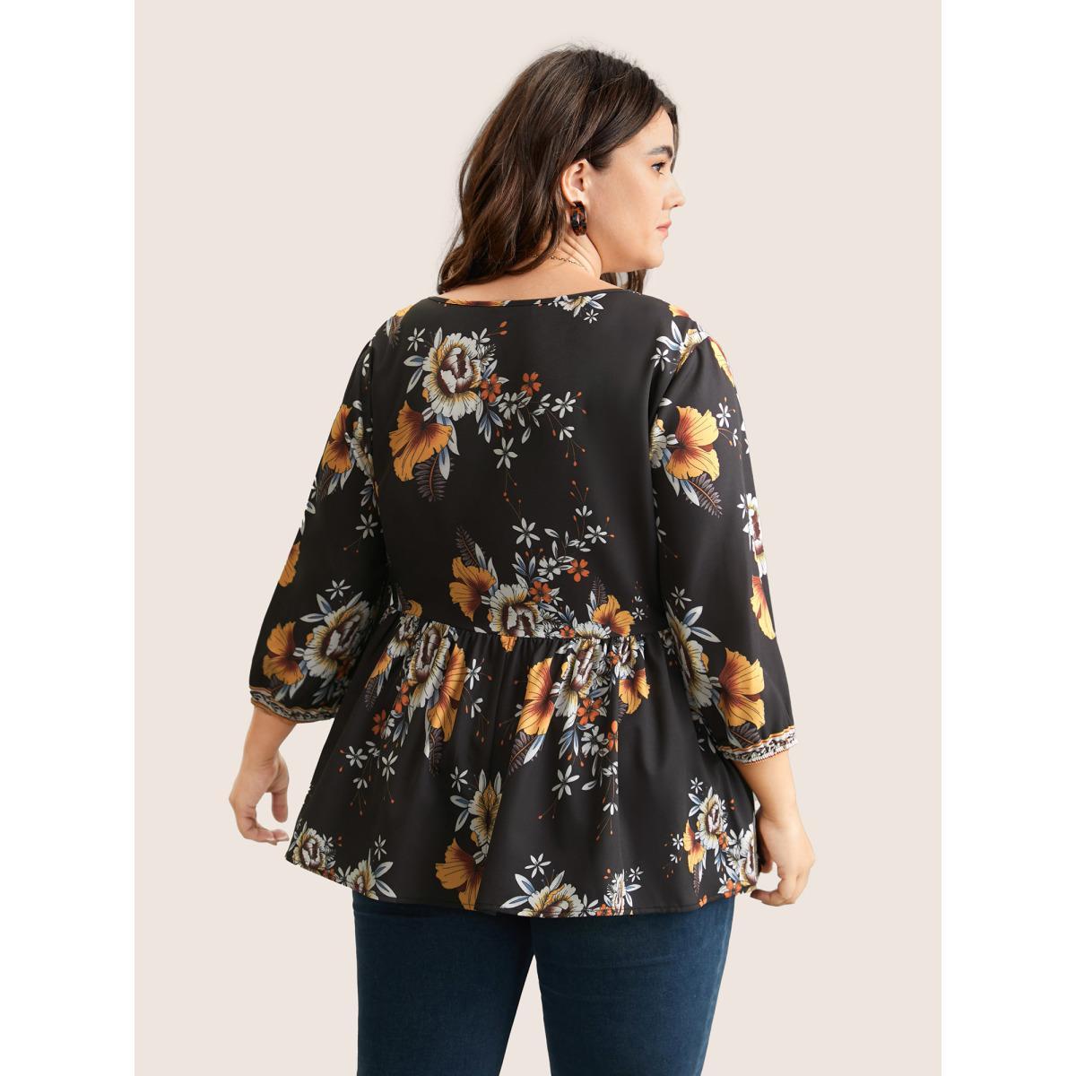 Plus Size Black Boho Print V Neck Button Detail Gathered Blouse Women Vacation Elbow-length sleeve V-neck Vacation Blouses BloomChic 28/5X Product Image