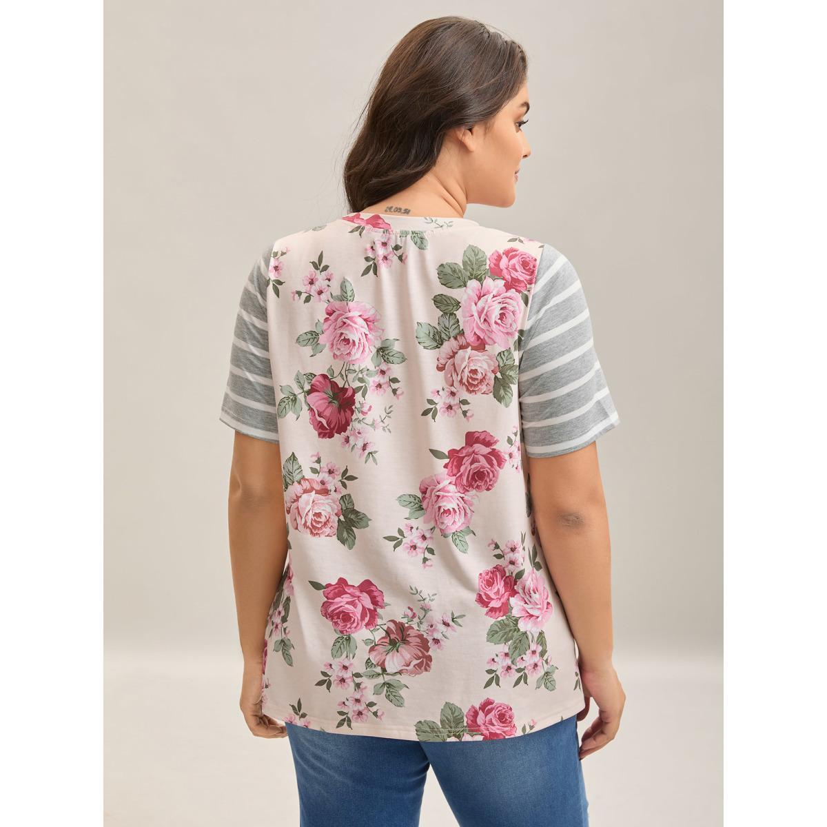 Plus Size Floral Striped Stretchy Crew Neck T-Shirt Multicolor Women Casual Contrast Natural Flowers Round Neck Everyday T-shirts BloomChic 14-16/1X Product Image