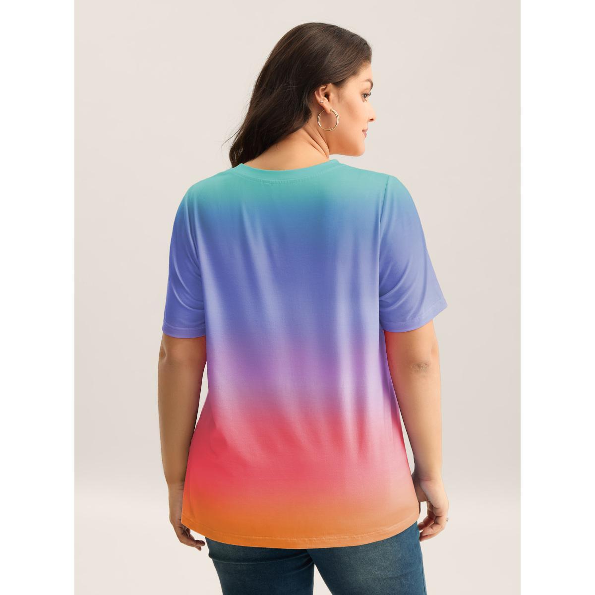 Plus Size Ombre Gradient Crew Neck Curvy T-Shirt Mint Women Non Round Neck Everyday-Casual T-shirts BloomChic 22-24/3X Product Image