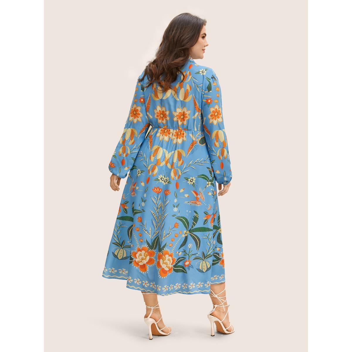 Plus Size Bandana Print Pocket Lapel Collar Elastic Cuffs Dress LightBlue Women Resort Non V-neck Long Sleeve Curvy Midi Dress BloomChic 30/6X Product Image