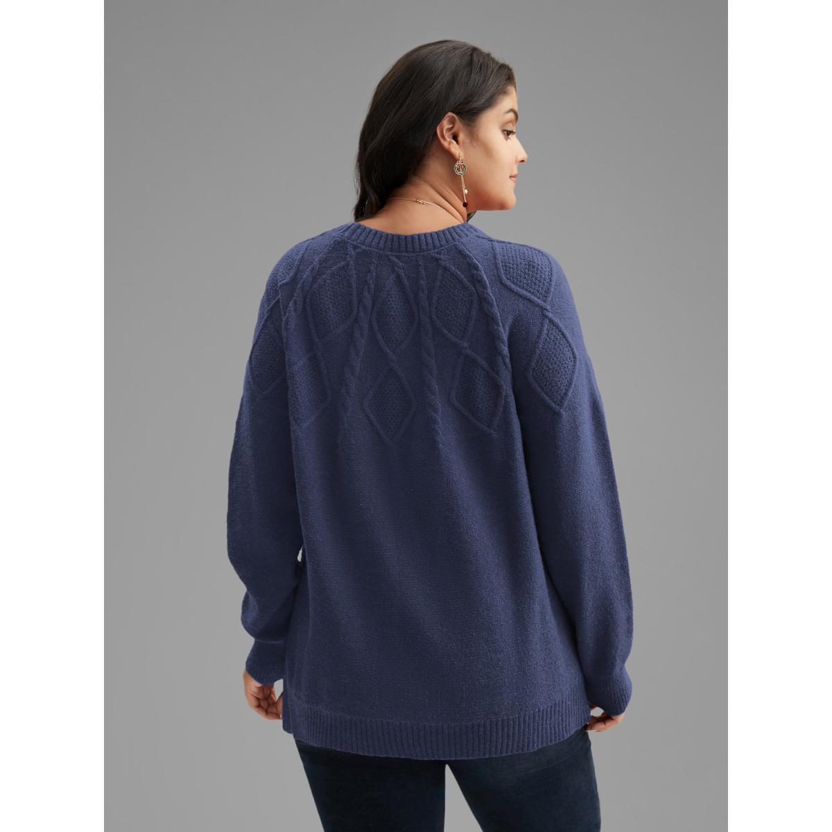Plus Size Cable Knit Bodice Crew-Neck Pullover Indigo Women Casual Loose Long Sleeve Round Neck Everyday Pullovers BloomChic 26/4X Product Image