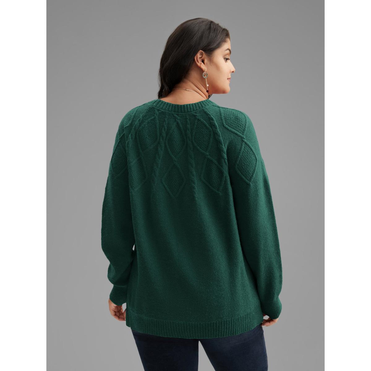 Plus Size Cable Knit Bodice Crew-Neck Pullover DarkGreen Women Casual Loose Long Sleeve Round Neck Everyday Pullovers BloomChic 10/M Product Image