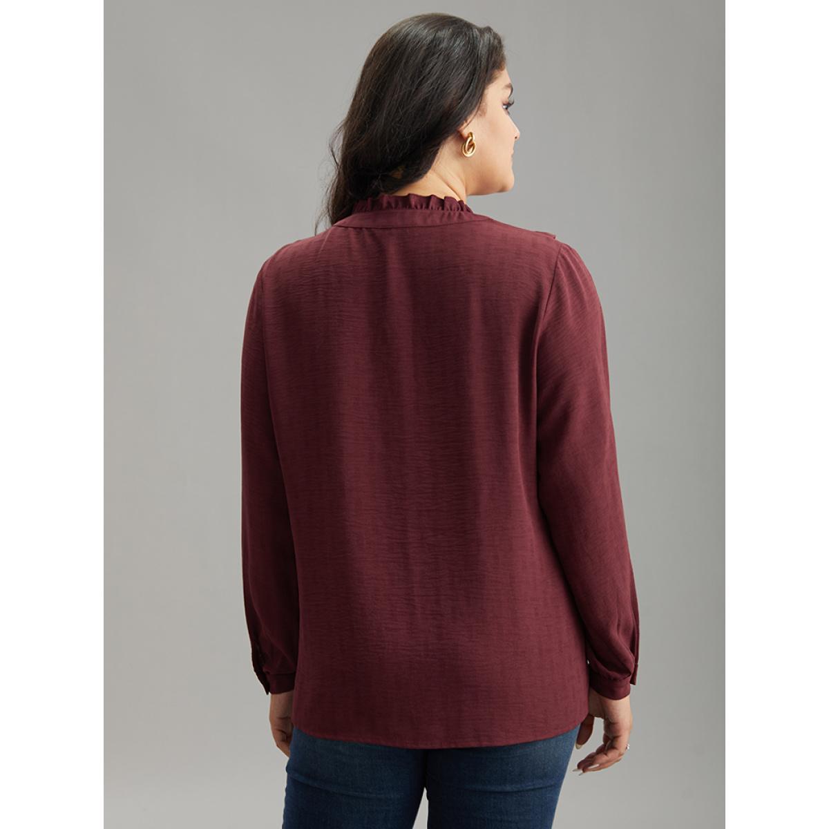 Plus Size Scarlet Stand Collar Solid Gathered Frill Trim Blouse Women Elegant Long Sleeve Stand-up collar Dailywear Blouses BloomChic 22-24/3X Product Image