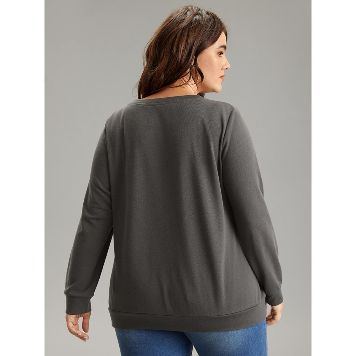 Plus Size Slogan Print Round Neck Knit Sweatshirt Women DimGray Casual Printed Dailywear Sweatshirts BloomChic 12/L Product Image