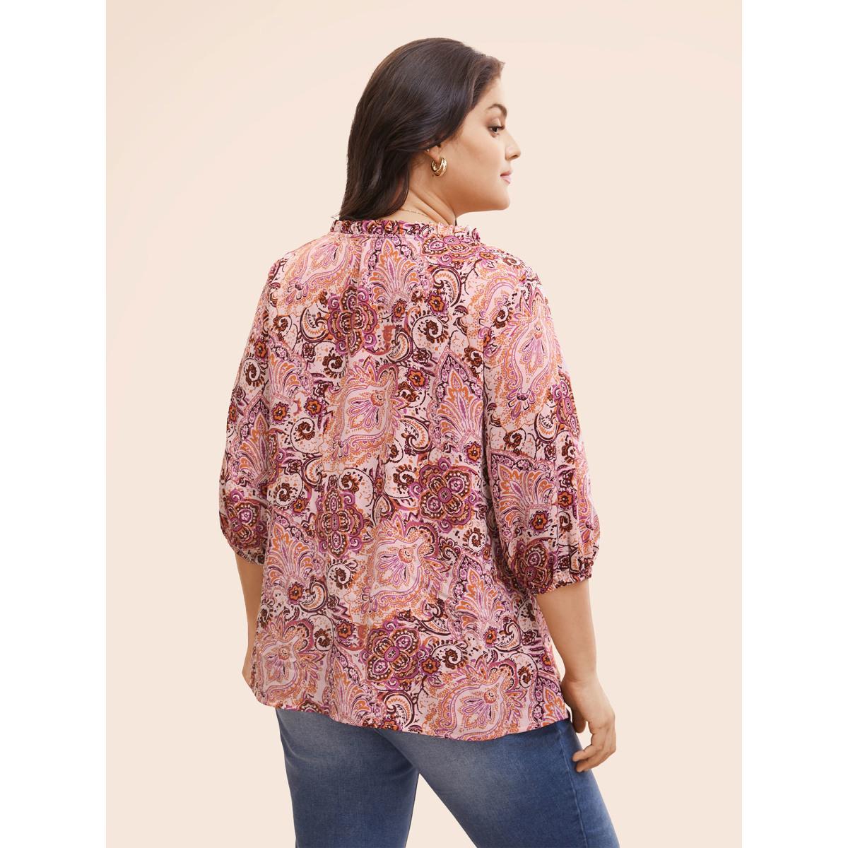 Plus Size Blush Bandana Frill Trim Tie Knot Blouse Women Elegant Elbow-length sleeve Notched collar Everyday Blouses BloomChic 22-24/3X Product Image