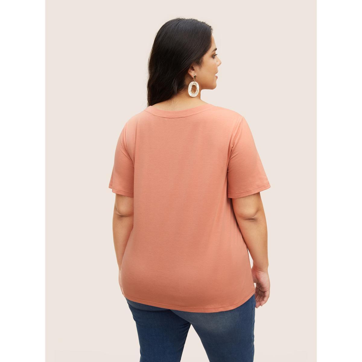 Plus Size Tropical Coconut Tree Print Round Neck T-shirt Salmon Women Resort Contrast Art&design Round Neck Vacation T-shirts BloomChic 14-16/1X Product Image