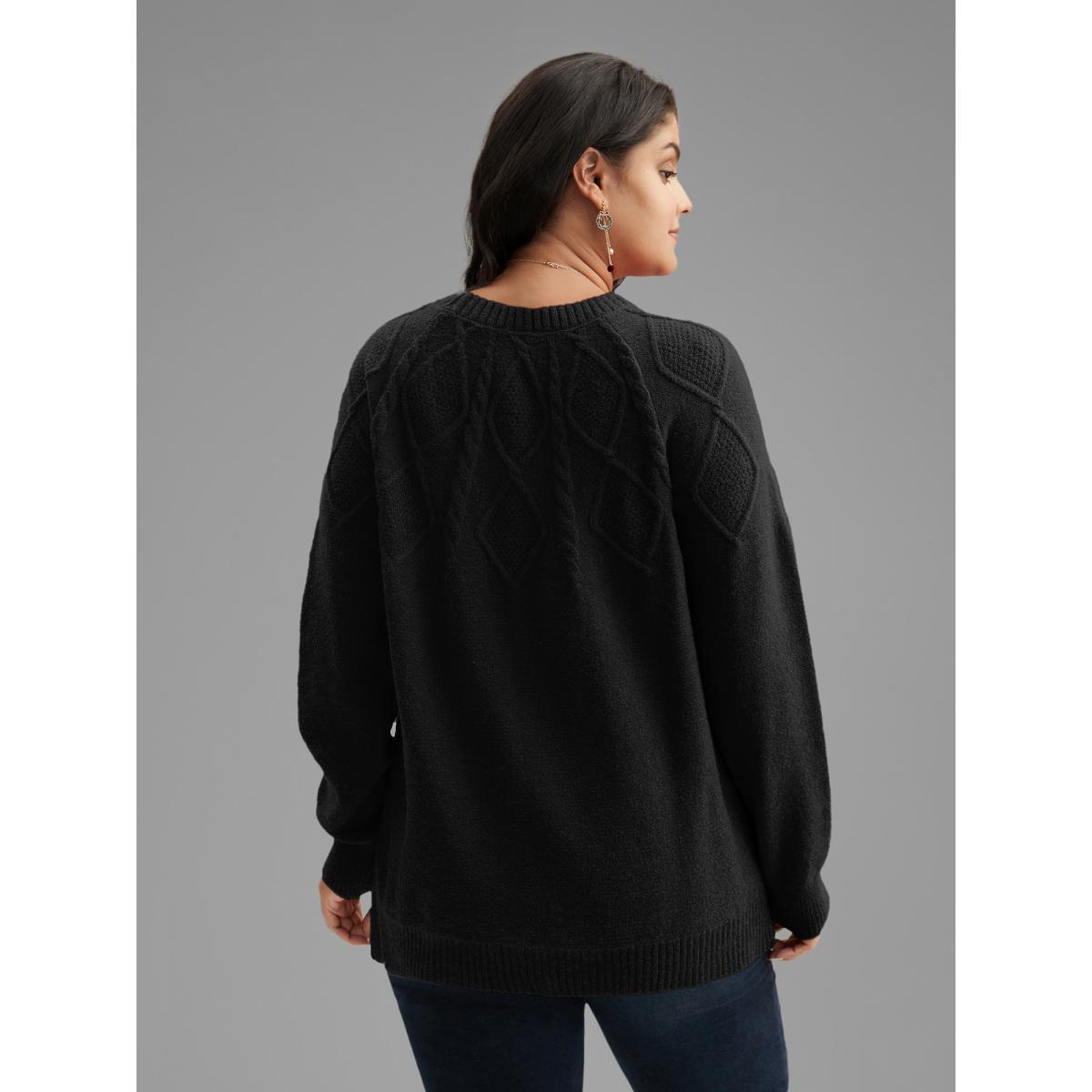 Plus Size Cable Knit Bodice Crew-Neck Pullover Black Women Casual Loose Long Sleeve Round Neck Everyday Pullovers BloomChic 28/5X Product Image