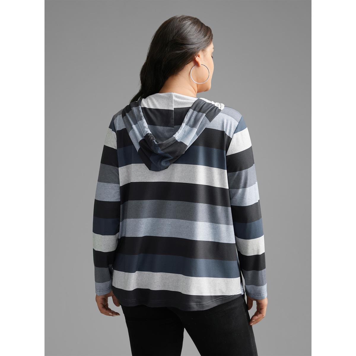 Plus Size Contrast Striped Hooded Drawstring T-shirt Black Women Casual Drawstring Hooded Everyday T-shirts BloomChic 12/L Product Image