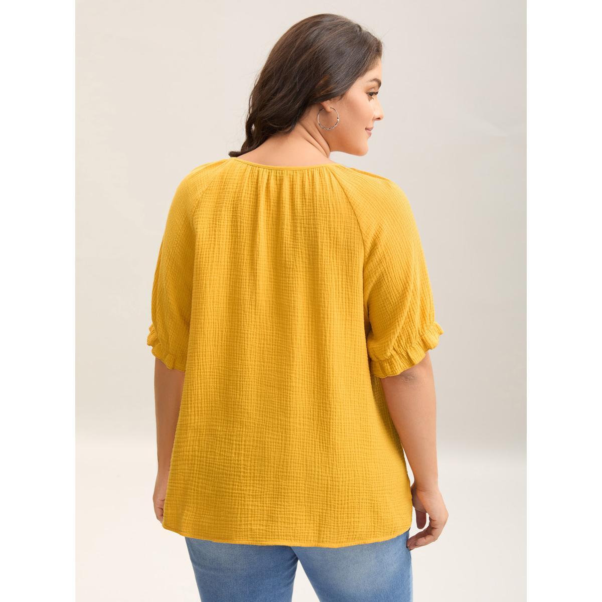 Plus Size Turmeric Pure Cotton Lace Placket Tied Blouse Women Short sleeve Round Neck Everyday-Casual Blouses BloomChic 18-20/2X Product Image