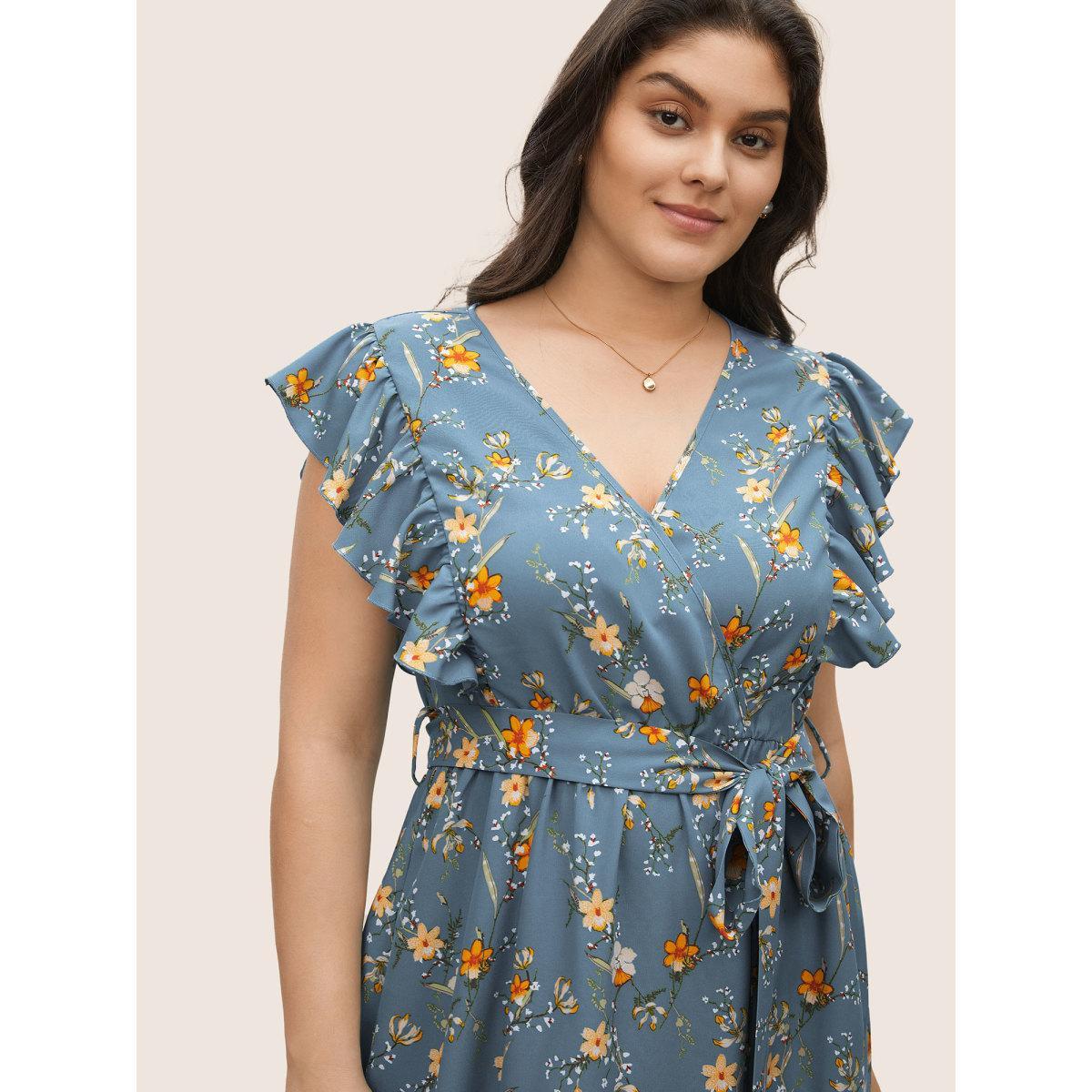 Plus Size Ditsy Floral Flutter Trim Pocket Layered Hem Dress Stone Women Elegant Non Overlap Collar Cap Sleeve Curvy Midi Dress BloomChic 12/L Product Image