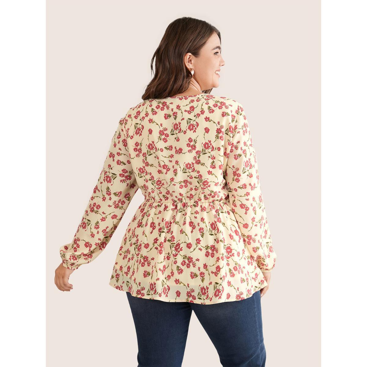 Plus Size Beige Ditsy Floral Elastic Waist Ties Ruffles Blouse Women Elegant Long Sleeve V-neck Work Blouses BloomChic 12/L Product Image