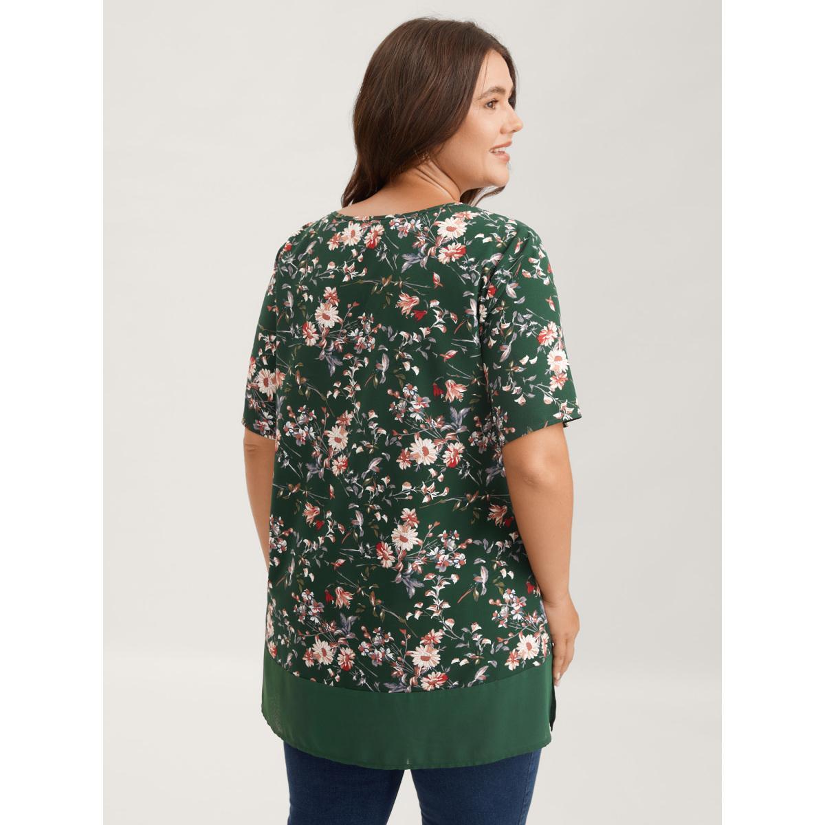 Plus Size DarkGreen Garden Print Spliced V-Neck Blouse Women Elegant Short sleeve V-neck Everyday Blouses BloomChic 18-20/2X Product Image