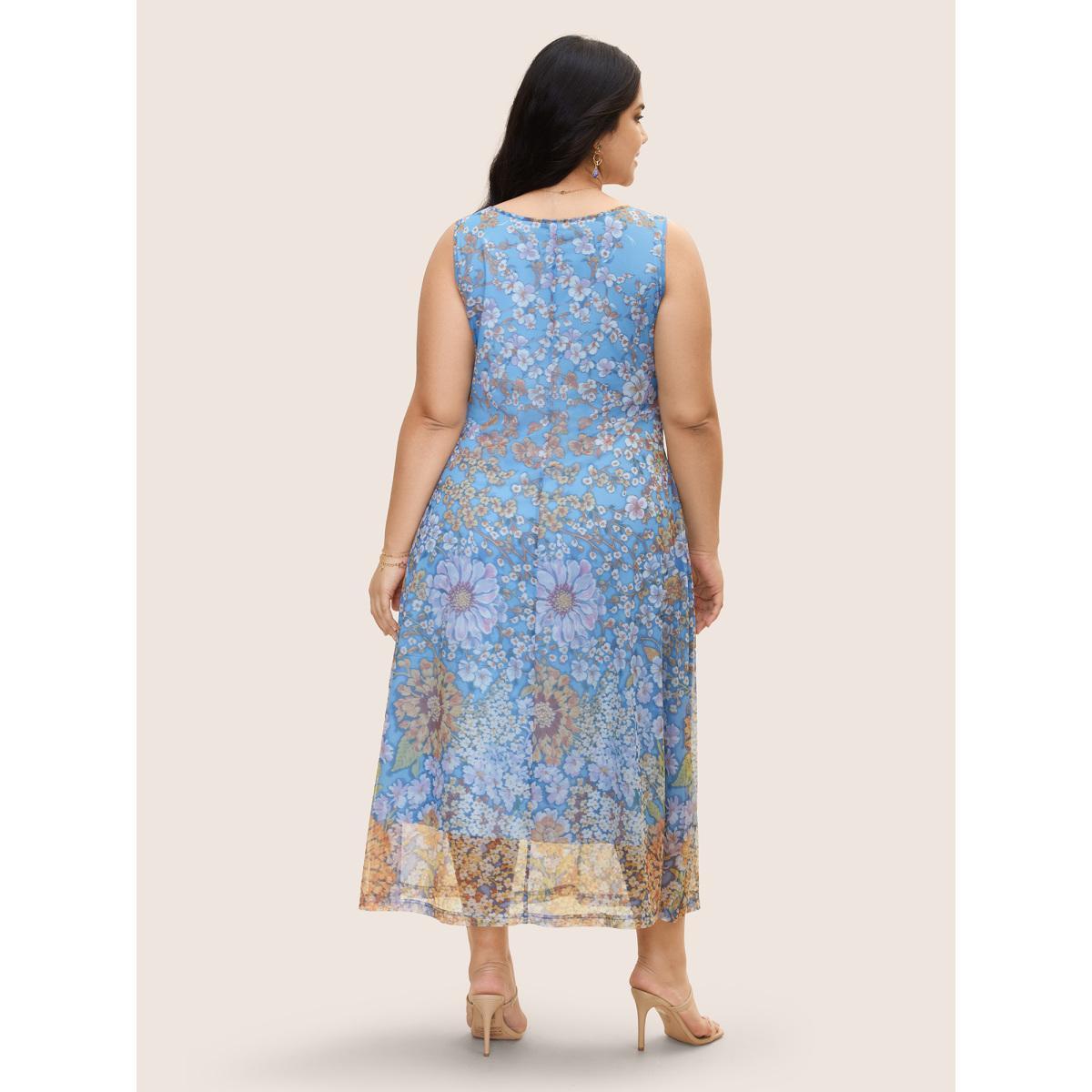 Plus Size Square Neck Floral Mesh Tank Dress Multicolor Women Elegant Gathered Square Neck Sleeveless Curvy BloomChic 14-16/1X Product Image
