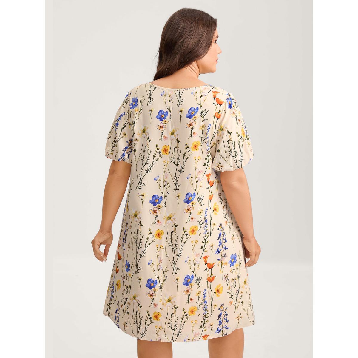 Plus Size Florals Everywhere Toothpick Pleat Midi Dress Champagne Women V-neck Short sleeve Curvy BloomChic 30/6X Product Image