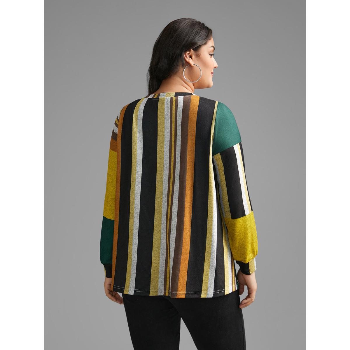 Plus Size Colored Striped Crew Neck T-shirt Multicolor Women Casual Contrast Round Neck Loose Everyday T-shirts BloomChic 10/M Product Image