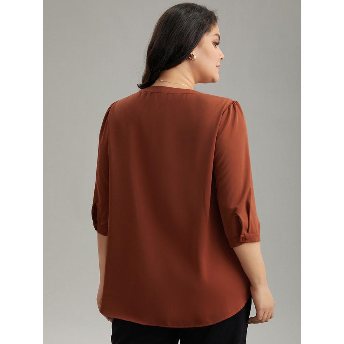 Plus Size Rust Plain Half Zip Gathered Blouse Women Work From Home Elbow-length sleeve V-neck Work Blouses BloomChic 22-24/3X Product Image