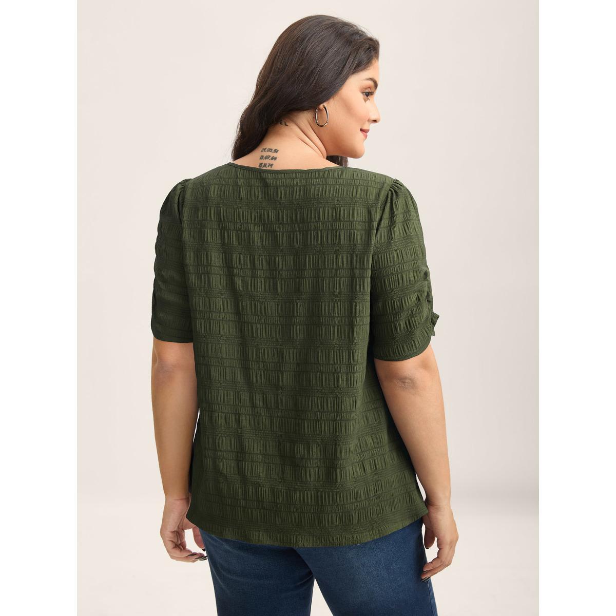 Plus Size ArmyGreen Textured Gathered Sleeve Split Neck Blouse Women Short sleeve Asymmetrical Neck Work Blouses BloomChic 22-24/3X Product Image