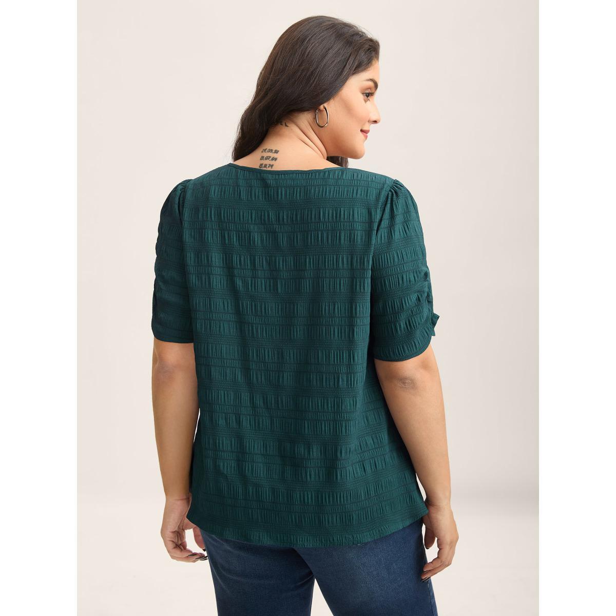 Plus Size DarkGreen Textured Gathered Sleeve Split Neck Blouse Women Short sleeve Asymmetrical Neck Work Blouses BloomChic 28/5X Product Image