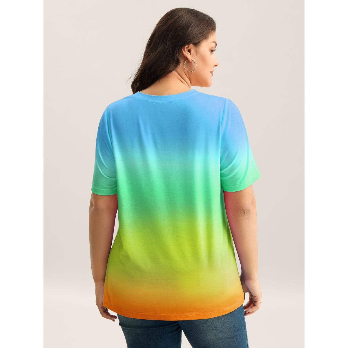 Plus Size Ombre Gradient Crew Neck Curvy T-Shirt Cerulean Women Non Round Neck Everyday-Casual T-shirts BloomChic 10/M Product Image
