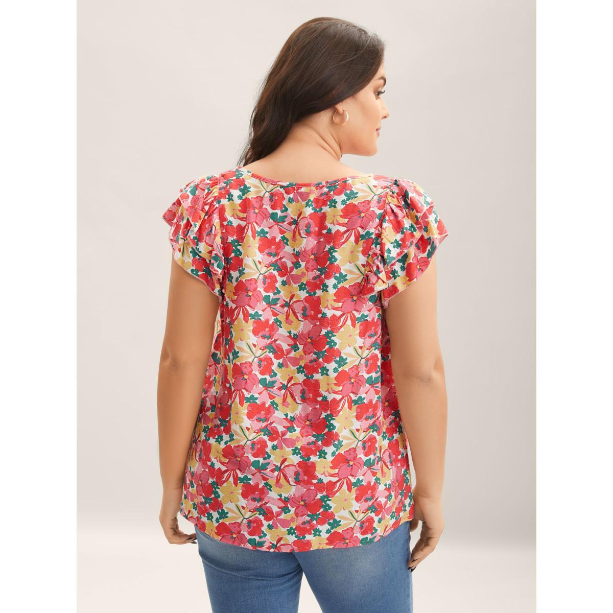 Plus Size Crimson Ruffled Bright Floral Print Blouse Women Cap Sleeve V-neck Everyday-Elegant Blouses BloomChic 30/6X Product Image