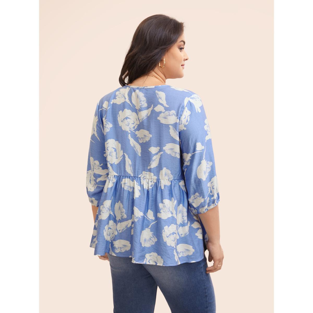 Plus Size LightBlue Floral Pleated Tassel Trim Lantern Sleeve Blouse Women Elegant Elbow-length sleeve V-neck Everyday Blouses BloomChic 26/4X Product Image
