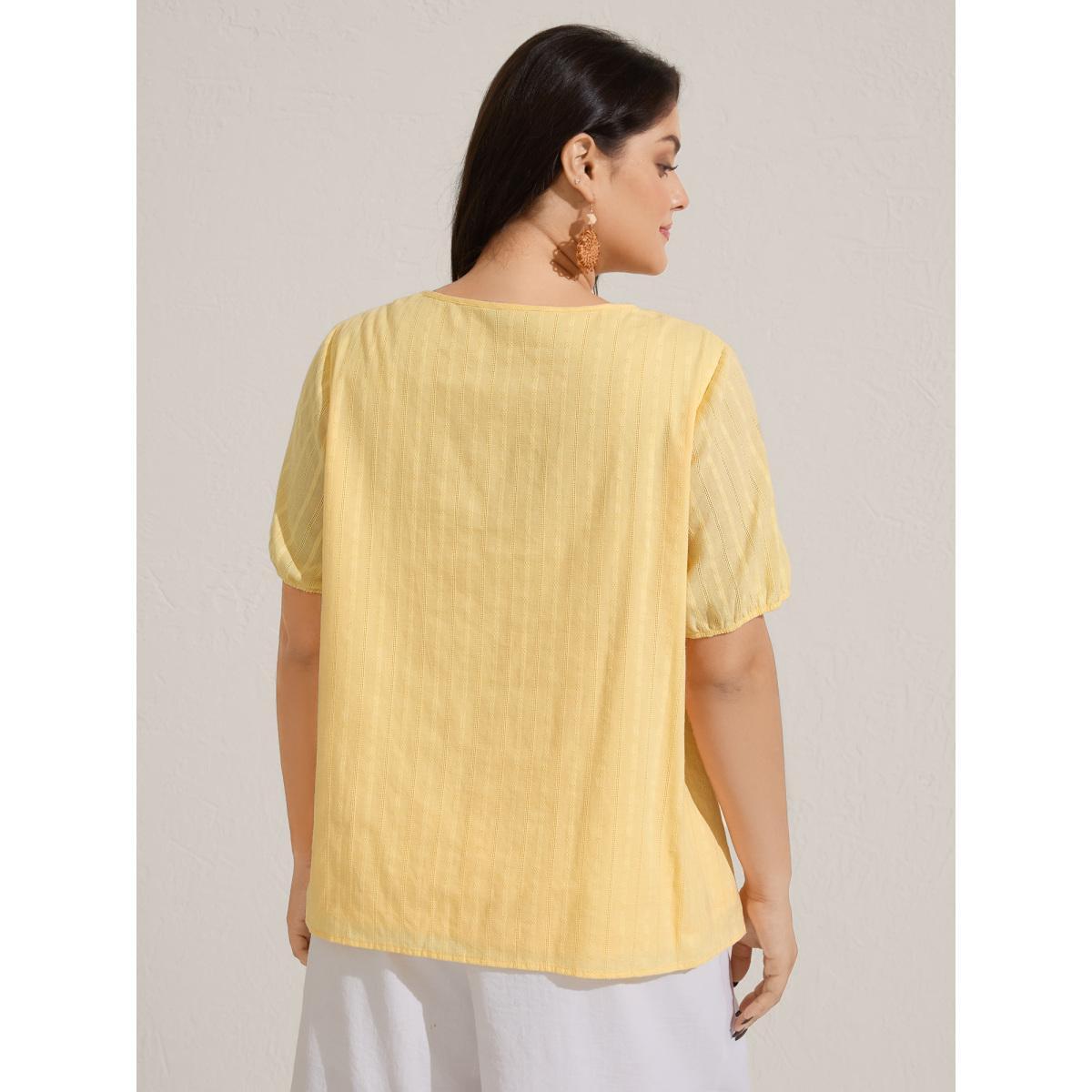 Plus Size Lightyellow Cotton Textured Lace Trim Neck-Tie Blouse Women Short sleeve V-neck Vacation Blouses BloomChic 12/L Product Image