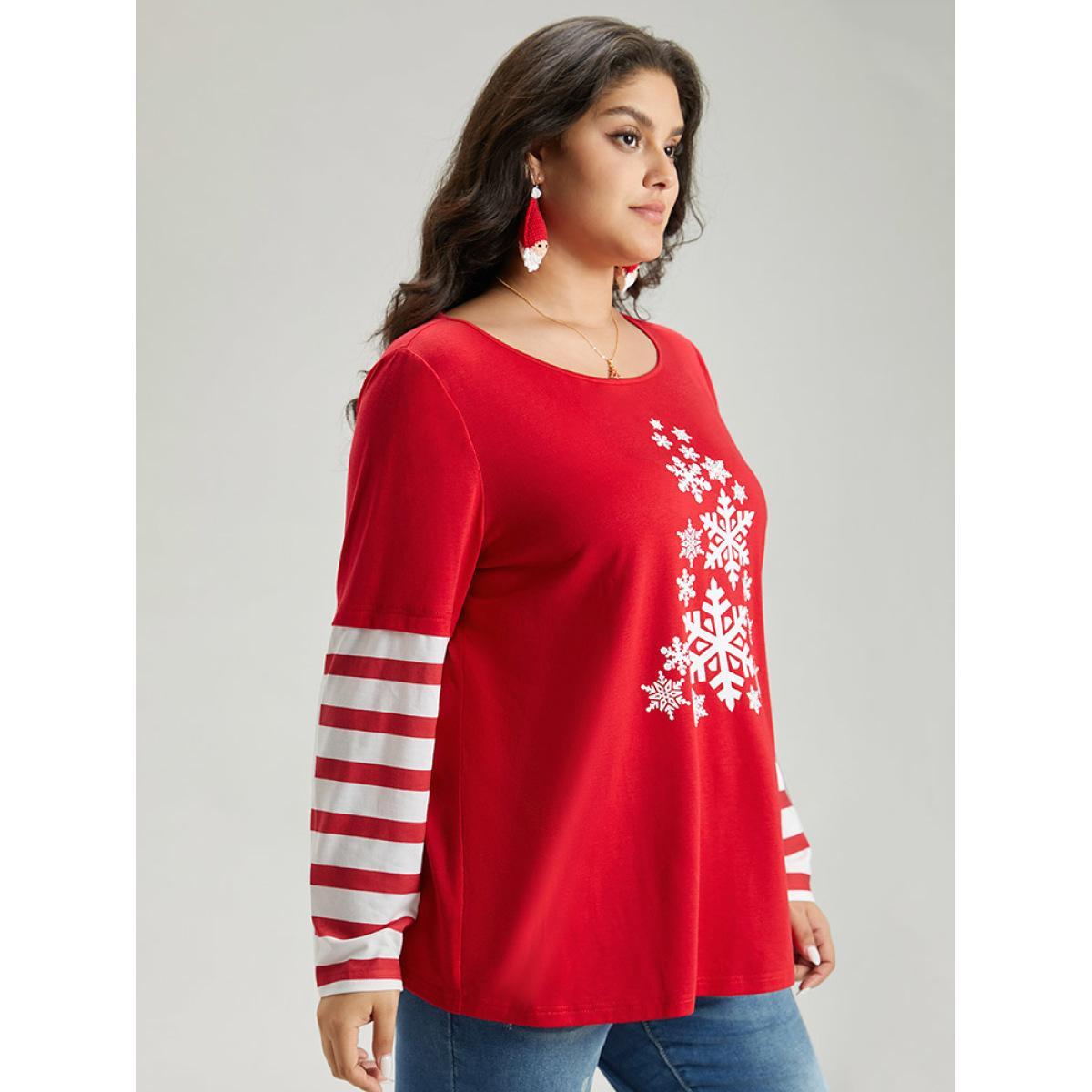 Plus Size Snowflake Striped Patchwork T-shirt Red Women Casual Contrast Christmas Round Neck Festival-Christmas T-shirts BloomChic 18-20/2X Product Image