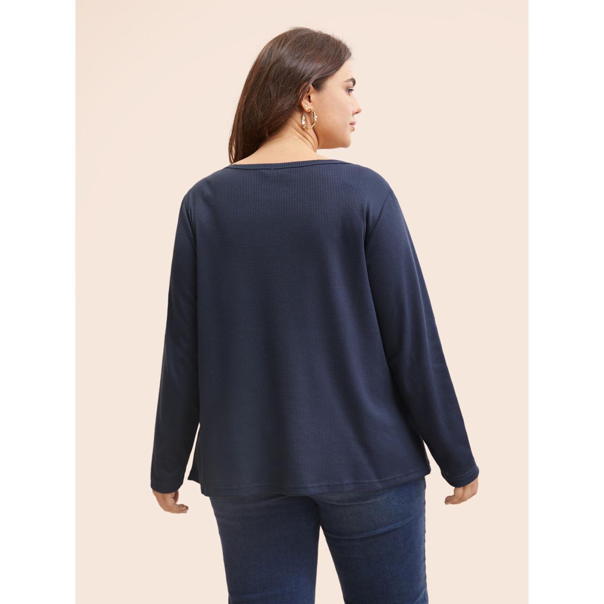 Plus Size Bandana Embroidered Button Up T-shirt Indigo Women Casual Embroidered Art&design Round Neck Everyday T-shirts BloomChic 14-16/1X Product Image