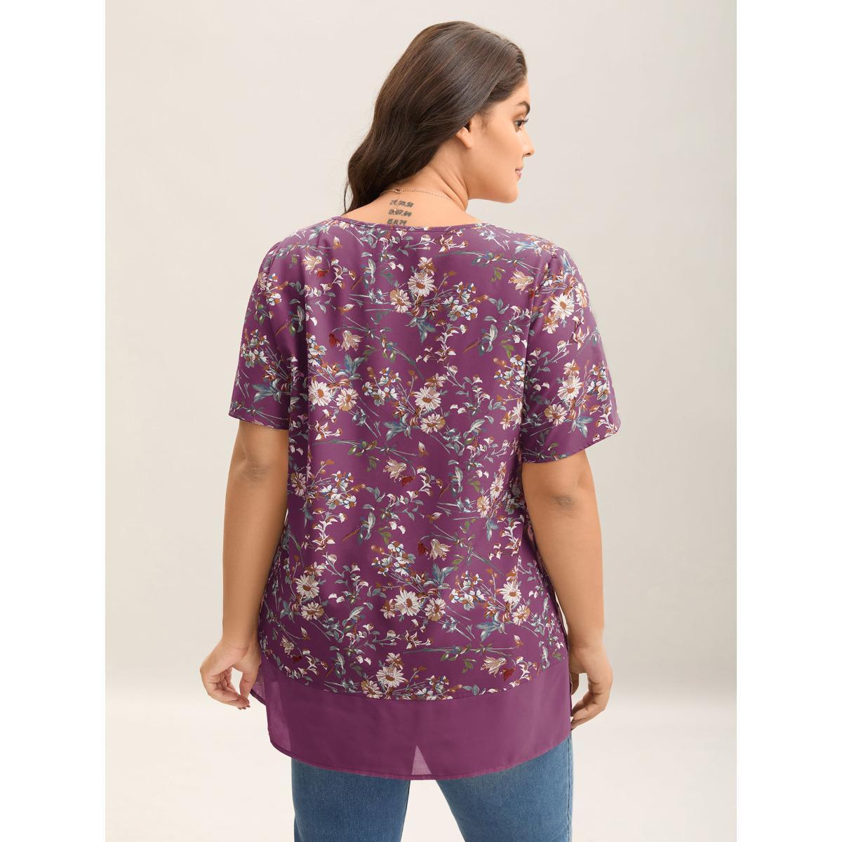 Plus Size Deeppurplered Garden Print Spliced V-Neck Blouse Women Elegant Short sleeve V-neck Everyday Blouses BloomChic 30/6X Product Image