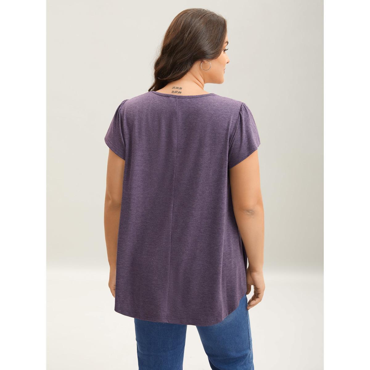 Plus Size Pleated Shoulder Button Plain Relaxed T-Shirt Mauve Women Casual Gathered Heart neckline Loose Everyday-Casual T-shirts BloomChic 18-20/2X Product Image