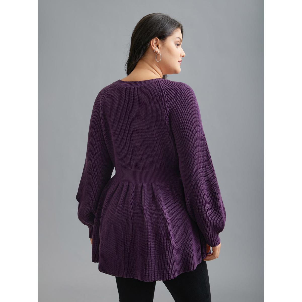 Plus Size Plain Textured Keyhole Raglan Sleeve Pullover Deeppurple Women Elegant Bodycon Long Sleeve Round Neck Everyday Pullovers BloomChic 10/M Product Image