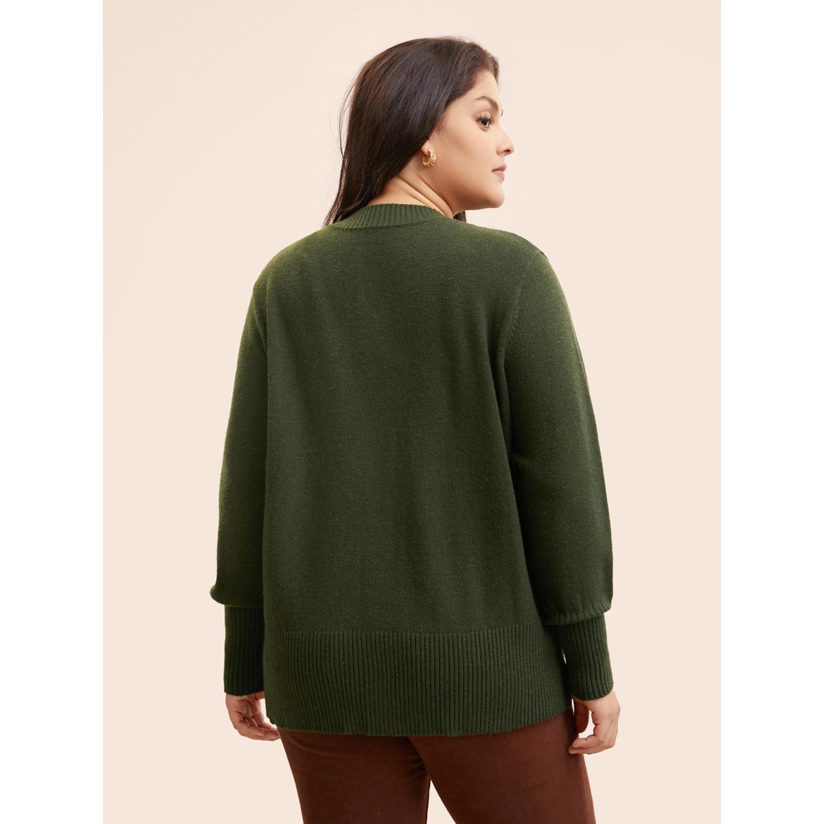 Plus Size Plain Round Neck Button Through Cardigan DarkGreen Women Casual Long Sleeve Everyday Cardigans BloomChic 12/L Product Image