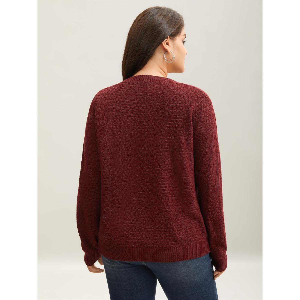 Plus Size Solid Pointelle Knit V Neck Loose Knit Top Chocolate Women Elegant Loose Long Sleeve V-neck Dailywear Pullovers BloomChic 26/4X Product Image