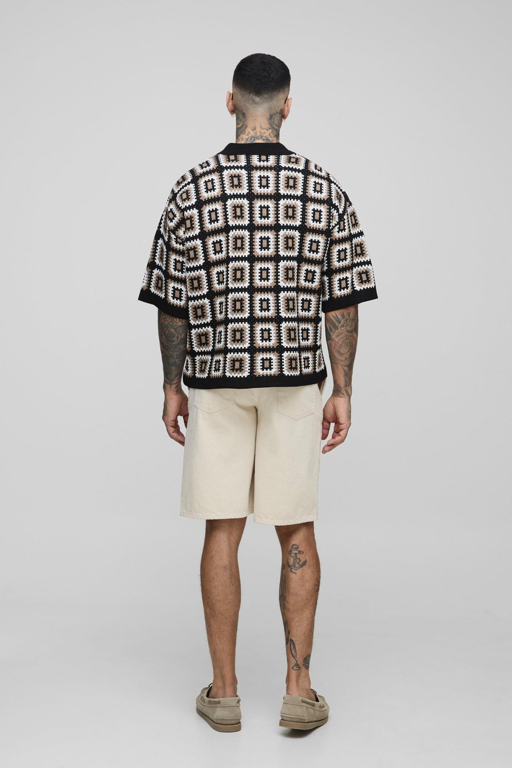 Tall Oversized Boxy Crochet Knit Polo In Black | boohooMAN USA Product Image