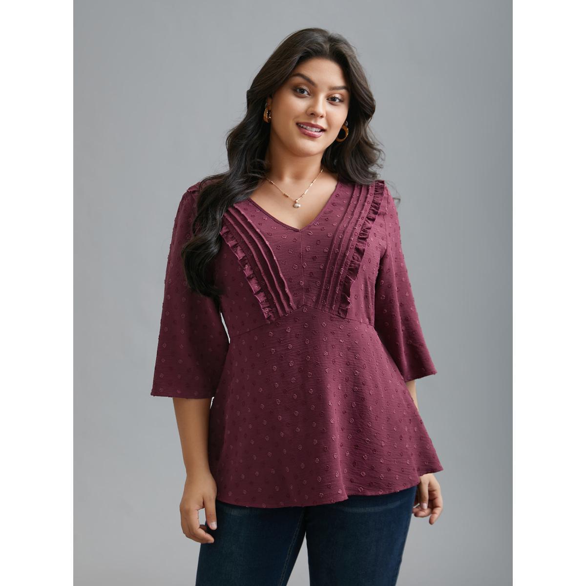 Plus Size Plum Ruffled Pleated Stretchy Waist Flowy Blouse Women Elegant Elbow-length sleeve V-neck Everyday Blouses BloomChic 18-20/2X Product Image