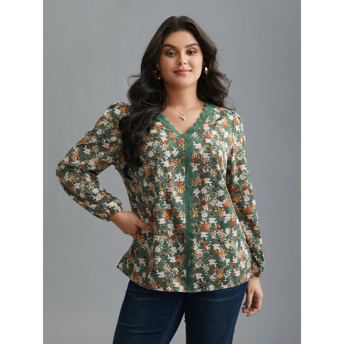 Plus Size Sage Floral Lace Panel Lantern Sleeve Blouse Women Elegant Long Sleeve V-neck Everyday Blouses BloomChic 30/6X Product Image