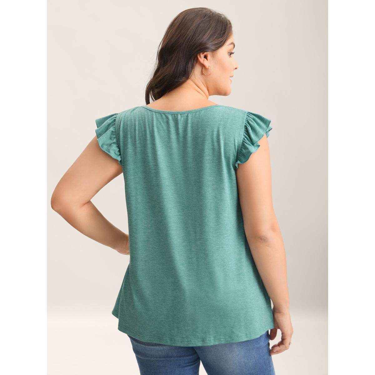 Plus Size Pleated Neckline Flutter Sleeve Tank Top Women Emerald Gathered Round Neck Everyday-Casual Tank Tops Camis BloomChic 28/5X Product Image