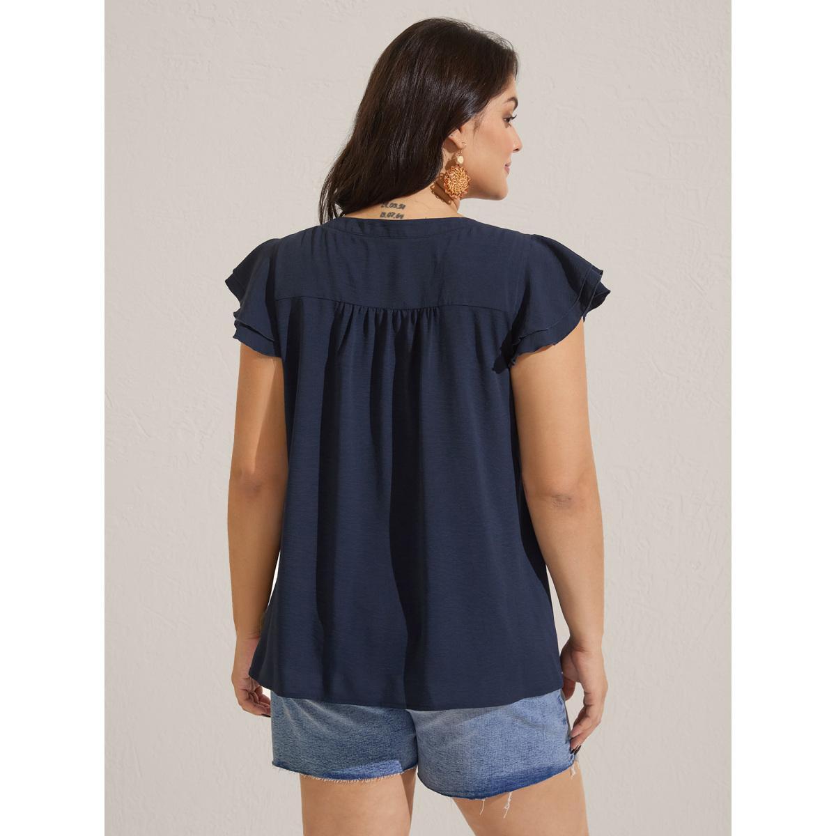 Plus Size Midnight Solid Ruffle Trim Toothpick Pleat Blouse Women Cap Sleeve Round Neck Vacation Blouses BloomChic 12/L Product Image