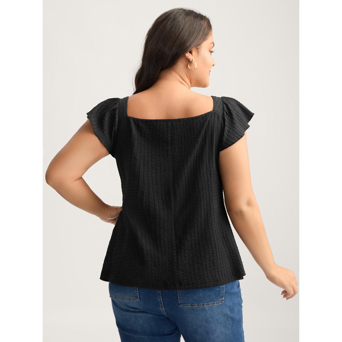 Plus Size Black Textured Shape Button Flutter Sleeve Blouse Women Cap Sleeve Square Neck Work Blouses BloomChic 14-16/1X Product Image