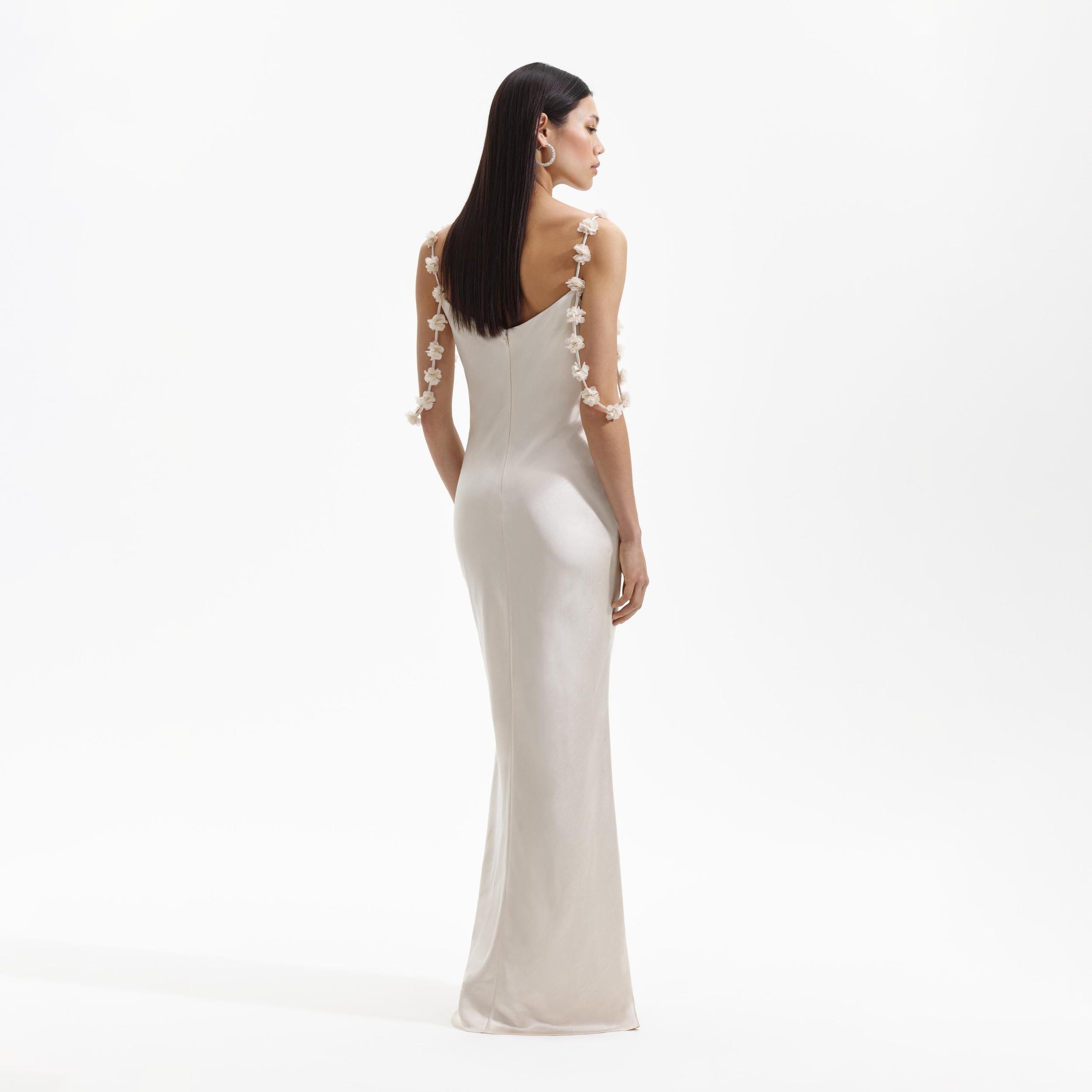 Champagne Satin Flower Maxi Dress Product Image