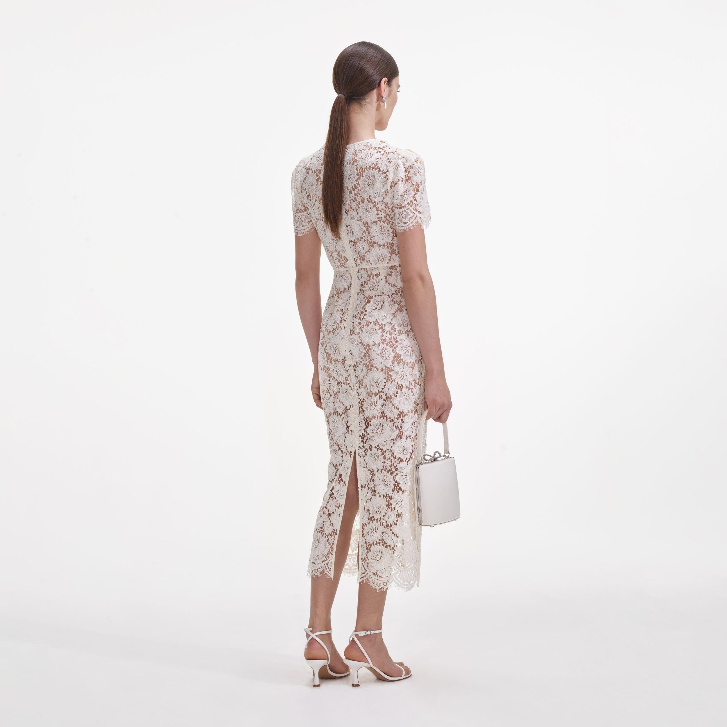 Cream Fine Lace Pearl Midi Dress Product Image