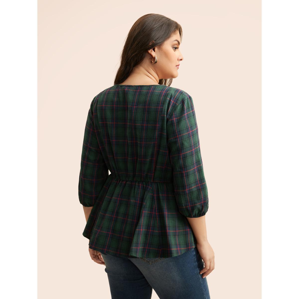 Plus Size DarkGreen Plaid Button Detail Lantern Sleeve Blouse Women Elegant Elbow-length sleeve V-neck Everyday Blouses BloomChic 18-20/2X Product Image