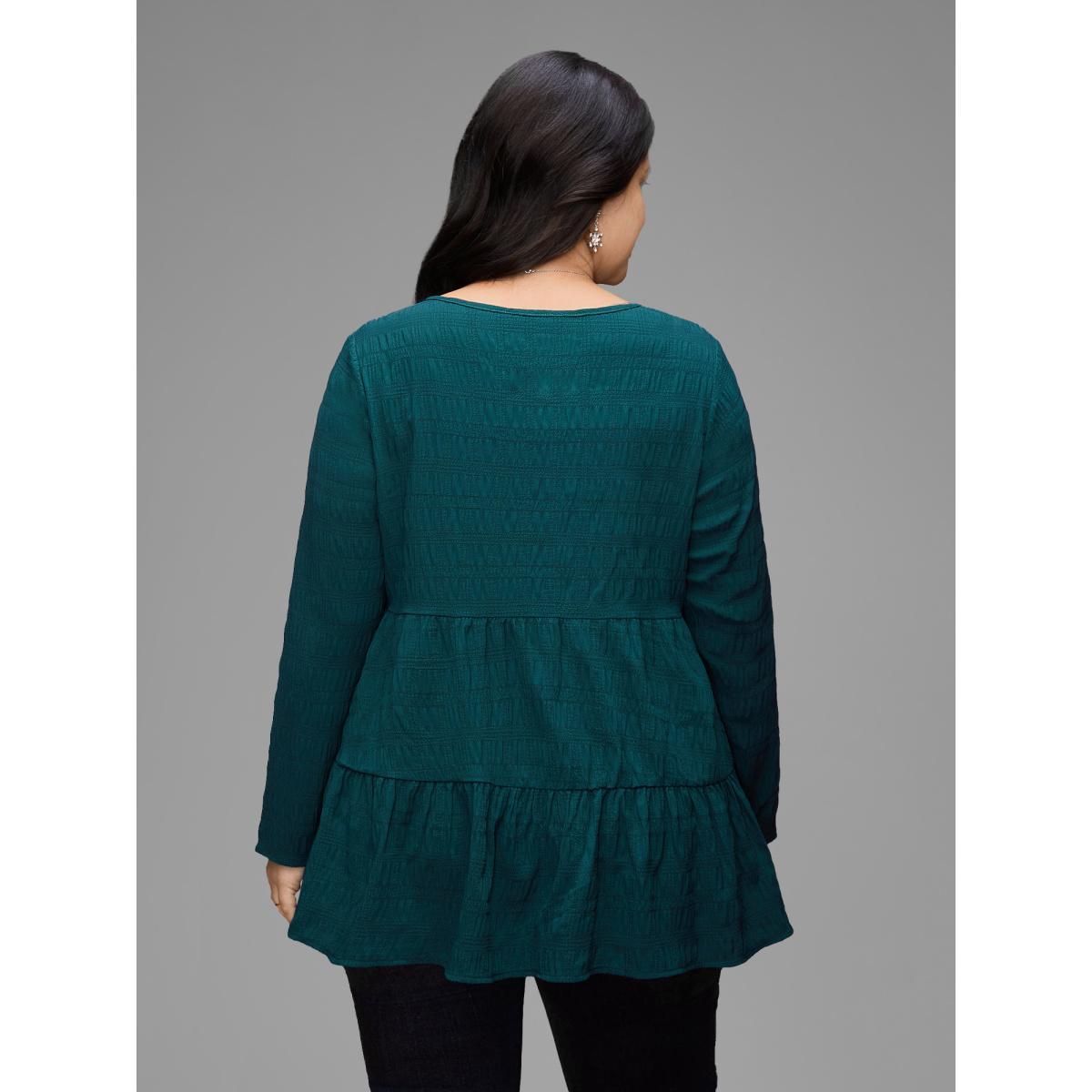 Plus Size Cyan Textured Round Neck Tiered Hem Blouse Women Casual Long Sleeve Round Neck Everyday Blouses BloomChic 18-20/2X Product Image