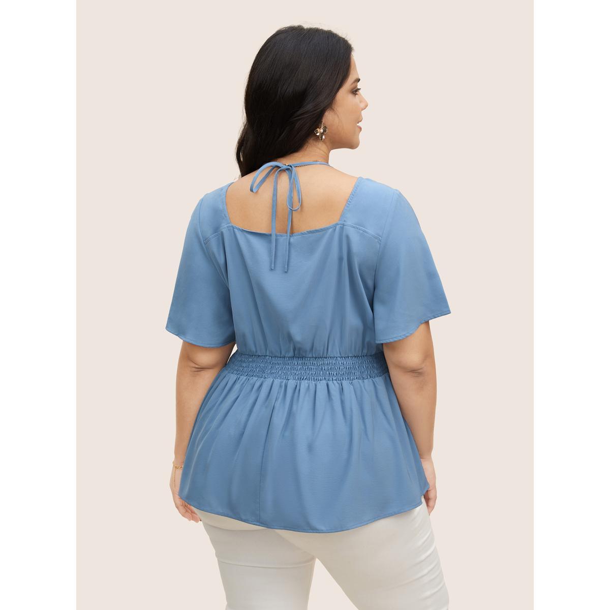 Plus Size LightBlue Plain Halter Neck Shirred Tie Knot Blouse Women Elegant Short sleeve Halter neck Everyday Blouses BloomChic 18-20/2X Product Image