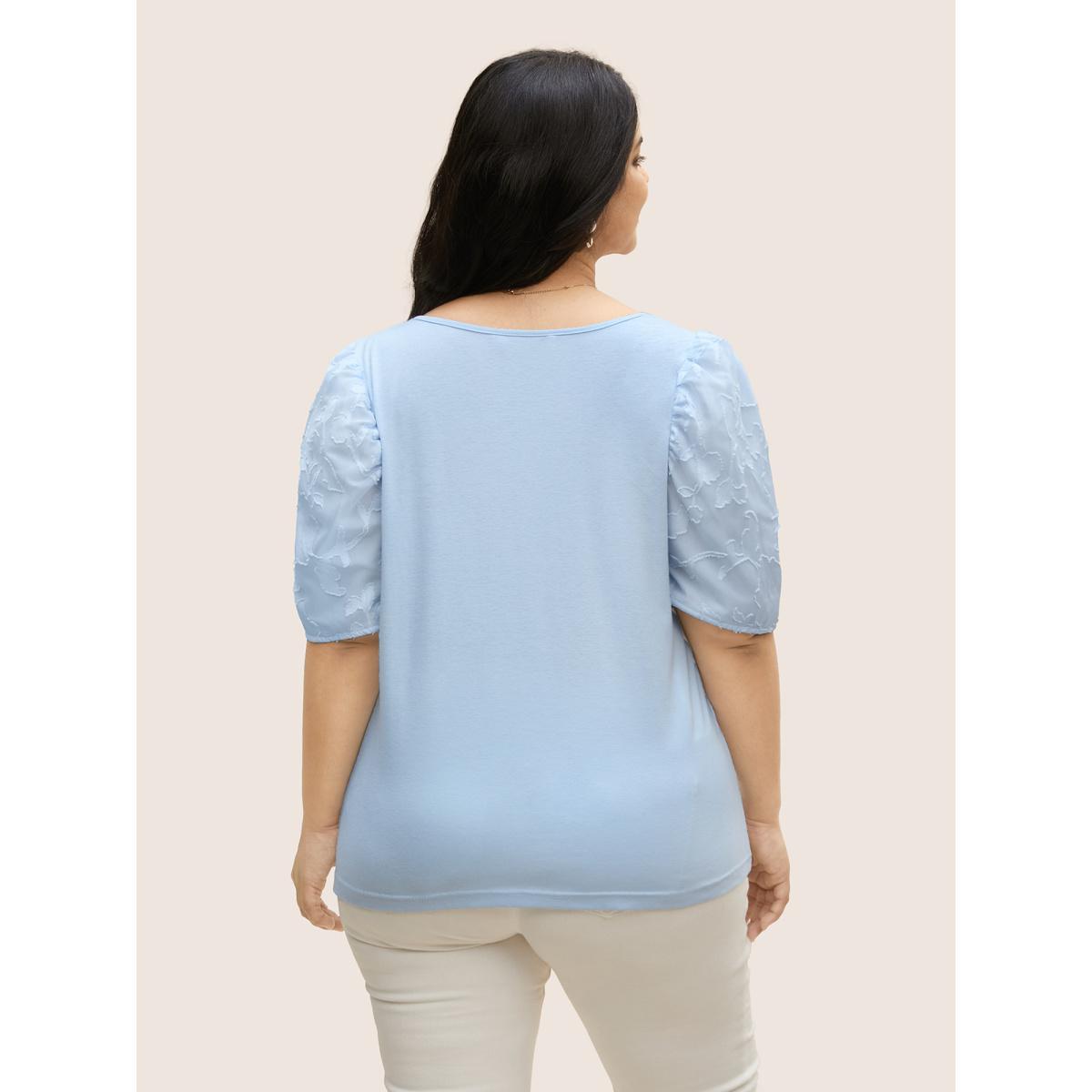 Plus Size U Neck Chiffon Patchwork Bishop Sleeve T-shirt LightBlue Women Elegant Gathered U-neck Everyday T-shirts BloomChic 26/4X Product Image