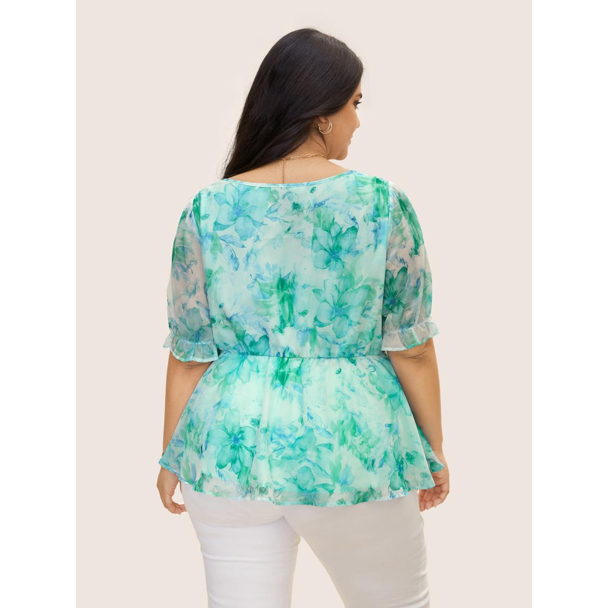 Plus Size Mint Square Neck Watercolor Floral Mesh Shirred Blouse Women Elegant Short sleeve Square Neck Everyday Blouses BloomChic 18-20/2X Product Image