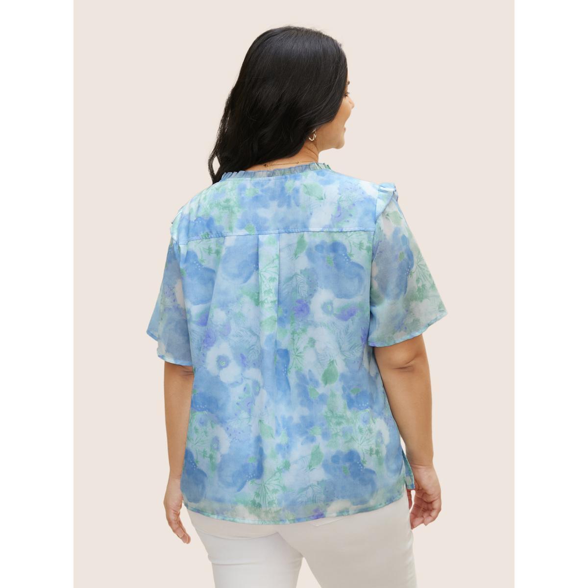 Plus Size LightBlue Watercolor Floral Frill Trim Shirred Blouse Women Elegant Half Sleeve Flat collar with V-notch Everyday Blouses BloomChic 10/M Product Image