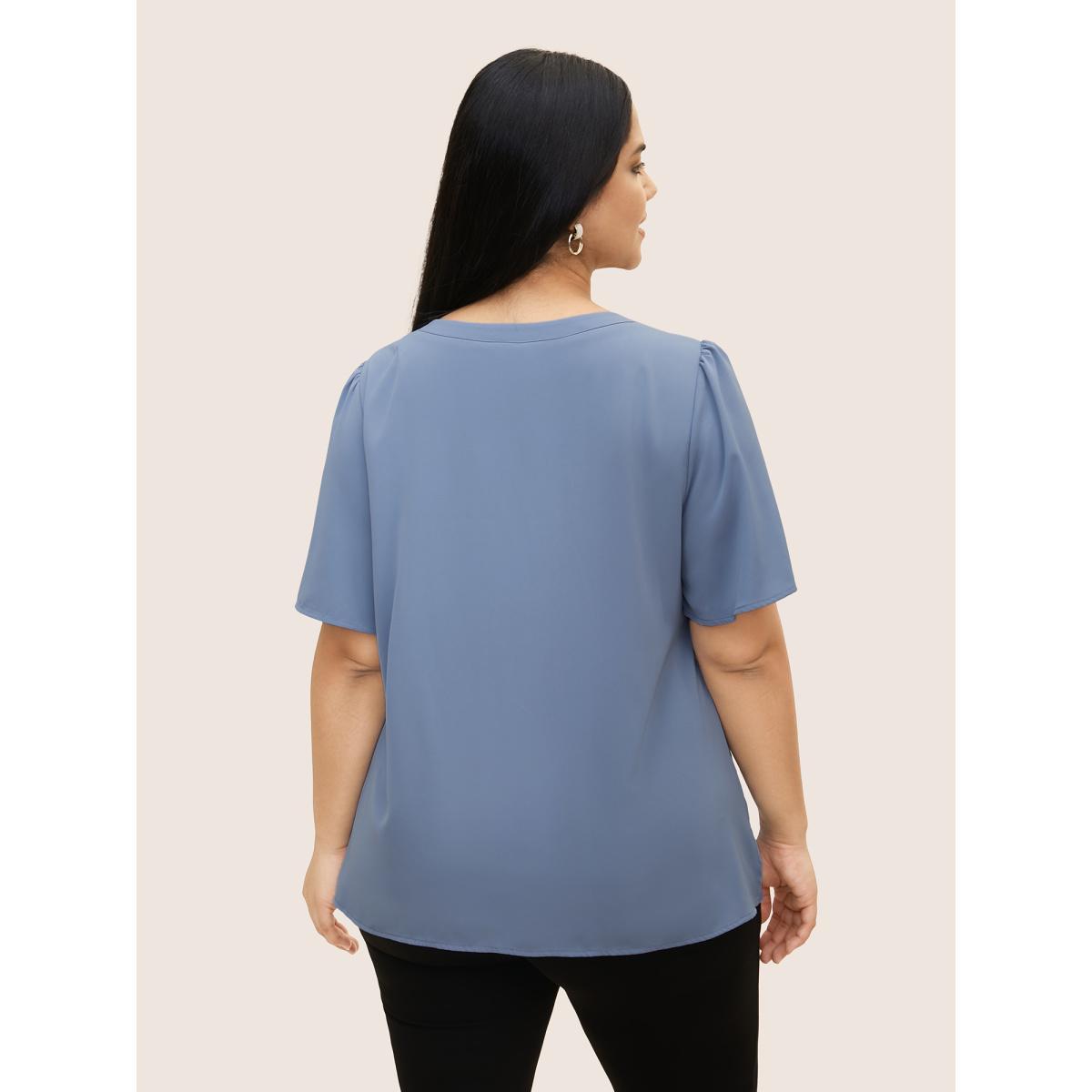 Plus Size Stone Keyhole Metal Chain Detail Ruffle Sleeve Blouse Women Work From Home Short sleeve Round Neck Work Blouses BloomChic 28/5X Product Image